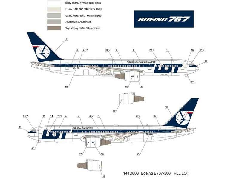 Kalkomania PLL LOT - Boeing 767 w skali 1/144