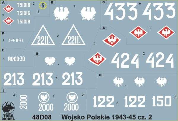 Kalkomania Wojsko Polskie 1943-45 cz. 2, polska kalkomania do modeli w skali 1/48. 