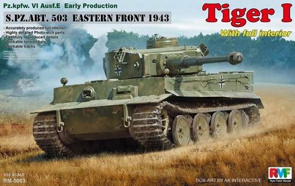 Plastikowy model do sklejania niemieckiego czołgu Tiger I z frontu wschodniego. Model RFM5003 w skali 1:35 z kompletnym wnętrzem.-image_RFM Rye Field Model_5003_1