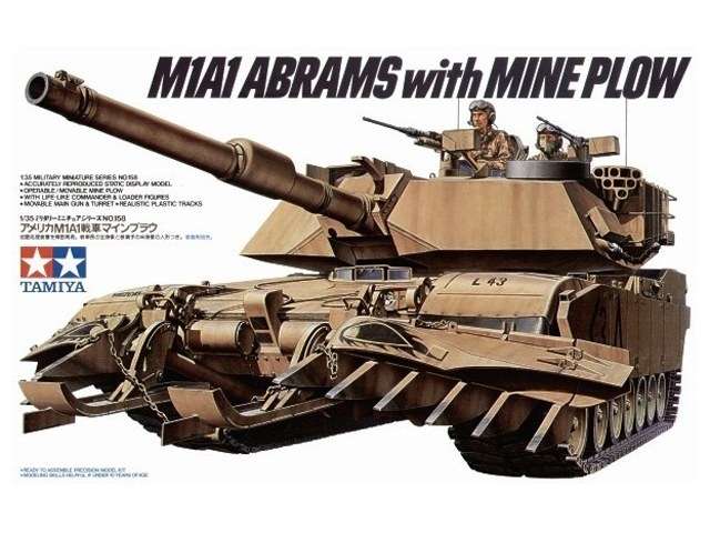 Amerykański czołg M1A1 Abrams z trałem (pługiem) przeciwminowym, plastikowy model do sklejania Tamiya 35158 w skali 1:35.-image_Tamiya_35158_1