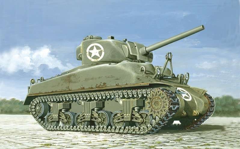 Model amerykańskiego czołgu średniego M4A1 Sherman, plastikowy model do sklejania Italeri 7003 w skali 1/72.-image_Italeri_7003_1