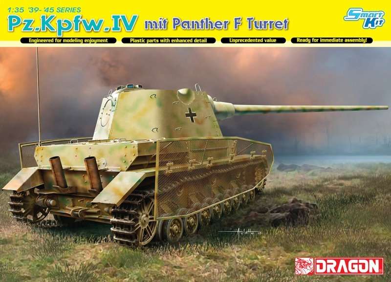Plastikowy model niemieckiego czołgu PZIV z wieżą Pantery F z okresu WWII do sklejania w skali 1:35. Model Dragon 6824.-image_Dragon_6824_1