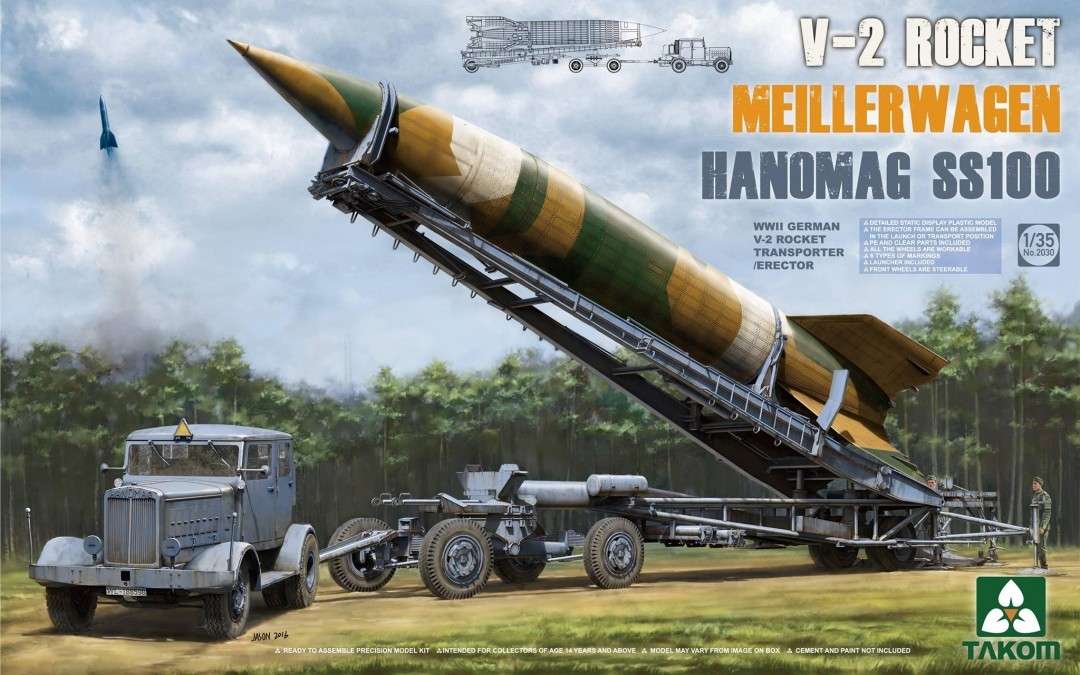 Niemiecka mobilna wyrzutnia rakiet V2 wraz z ciągnikiem Hanomag SS100, plastikowy model do sklejania Takom 2030 w skali 1:35-image_Takom_2030_1