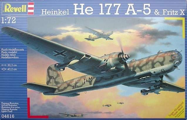 Niemiecki ciężki samolot bombowy dalekiego zasięgu Heinkel He 177 A-5 z bombami Fritz X, plastikowy model do sklejania Revell 04616 w skali 1:72.-image_Revell_04616_1