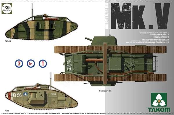 Ciężki czołg Mk.V z okresu I wojny światowej, plastikowy model do sklejania Takom 2034 w skali 1:35-image_Takom_2034_1