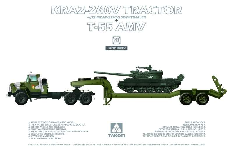 Rosyjska sześciokołowa ciężarówka Kraz-260V z lawetą do transportu czołgów oraz czołg T-55 AMV , plastikowy model do sklejania Takom 2095 w skali 1:35-image_Takom_2095_1