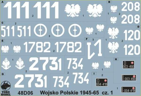 Kalkomania Wojsko Polskie 1945-65 cz. 1, polska kalkomania do modeli w skali 1/48. 