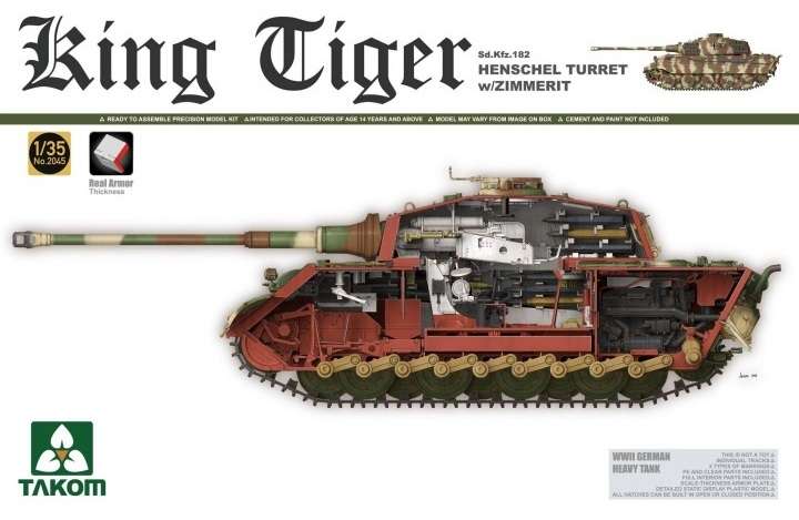 Niemiecki czołgu KingTiger z wieżyczką Henchel Turret oraz z zimmeritem i wnętrzem, plastikowy model do sklejania Takom 2045 w skali 1:35-image_Takom_2045_1