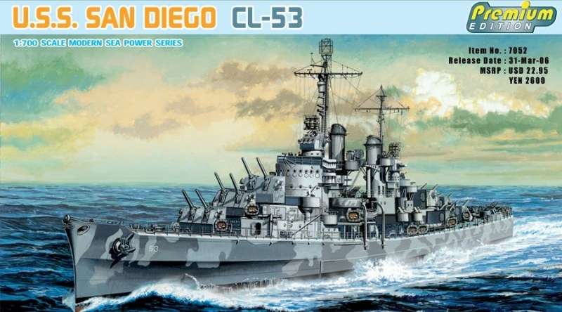Amerykański lekki krążownik USS San Diego CL-53, plastikowy model do sklejania Dragon 7052 w skali 1:700-image_Dragon_7052_1
